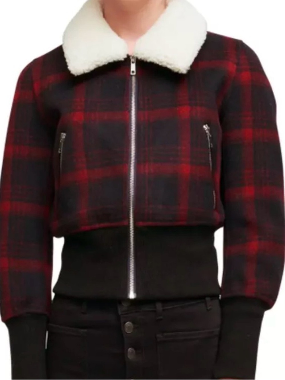 MAJE Bloppane Plaid Wool Blend Bomber Jacket FR 38 US 6 Red Navy Cropped EUC
